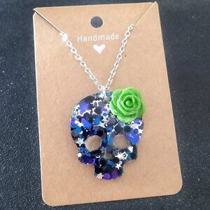 Skull multicolor glitter necklace with green flower new purple blue black silver